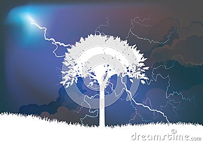 Tree silhouetted by thunderstorm Vector Illustration