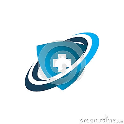 Blue dynamic secure shield plus medical care logo design Vector Illustration