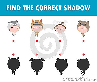 Shadow Matching Game for kids, Visual game for children. Connect the dots picture, cute kids wearing dog animal costumes Vector Illustration