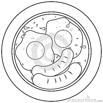 Eggs and sausages dish. Breakfast food with fried eggs and sausages on a plate. Vector black and white coloring page Vector Illustration