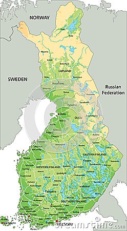 High detailed Finland physical map with labeling. Vector Illustration