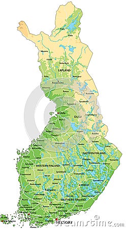 High detailed Finland physical map with labeling. Vector Illustration