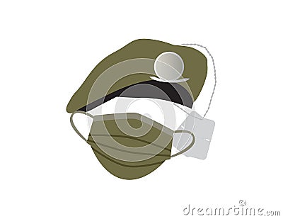 Green military hat, Army identity discs and face mask Vector Illustration