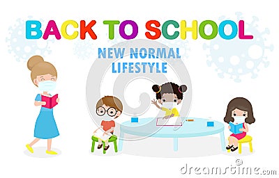 Back to school for new normal lifestyle concept. happy students kids and teacher wearing face mask protect coronavirus or covid-19 Vector Illustration