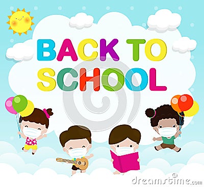 Back to school for new normal lifestyle concept. happy group of kids jump wearing face mask and social distancing protect covid 19 Vector Illustration