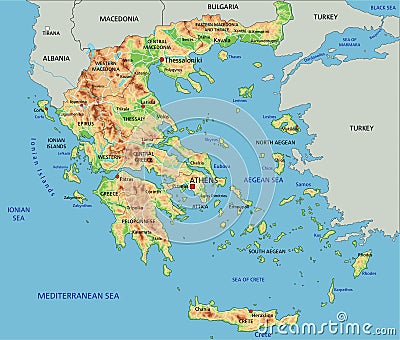 High detailed Greece physical map with labeling. Vector Illustration