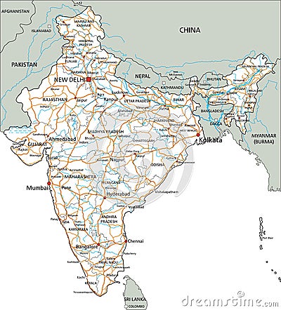 High detailed India road map with labeling. Vector Illustration