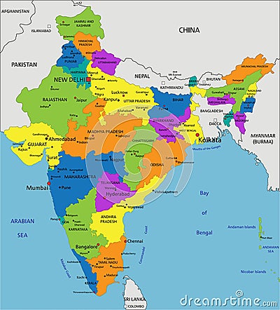 Colorful India political map with clearly labeled, separated layers. Vector Illustration