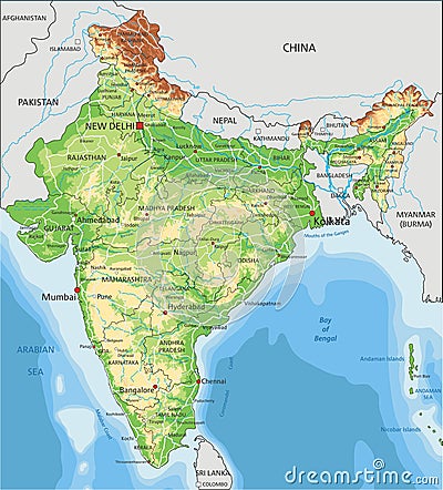 High detailed India physical map with labeling. Vector Illustration
