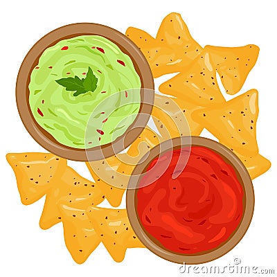 Bowls of avocado guacamole dip, tomato salsa sauce and nachos chips. Top view. Mexican food and tortillas. Vector illustration Vector Illustration