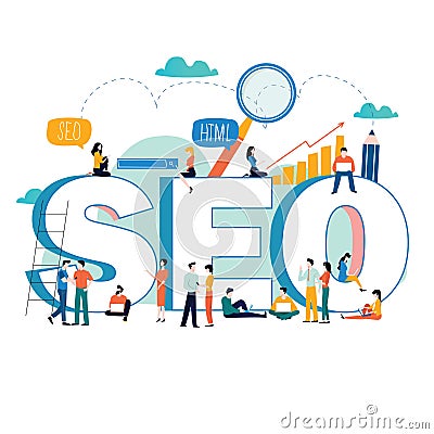 SEO, search engine optimization, keyword research, market research flat vector illustration. SEO word with group of people. Web si Vector Illustration