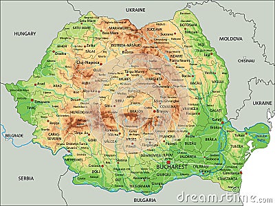 High detailed Romania physical map with labeling. Vector Illustration