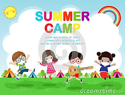 Kids summer camp for new normal lifestyle concept Template for advertising brochure or poster, kids wearing a surgical protective Vector Illustration