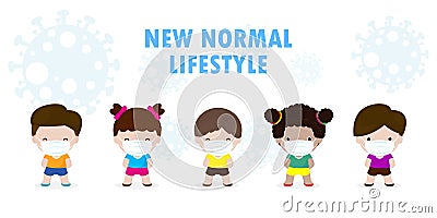 Back to school for new normal lifestyle concept, Social Distancing, Set of kids wearing a surgical protective Medical mask Vector Illustration