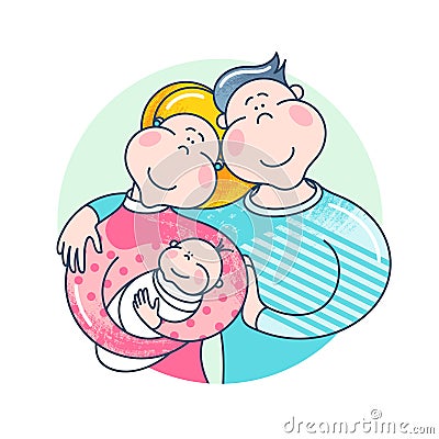 Happy family. Father, mother and baby together. Vector Illustration