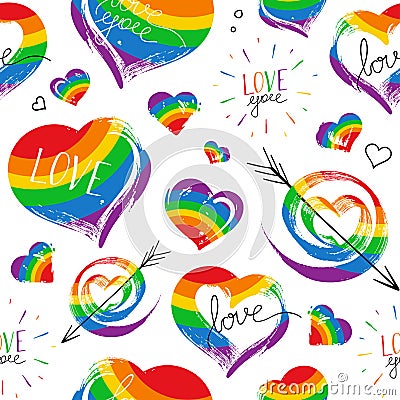 Bright hand drawn seamless pattern on white background. Grunge hearts in rainbow color. LGBT pride symbols. Vector Illustration