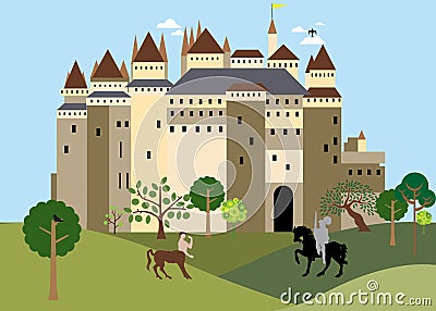 An ancient castle serves as a meeting place for knights and fairy tales. The castle is full of turrets and towers and lots of smal Stock Photo