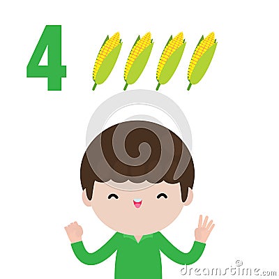 Happy children and hand showing the number four, cute kids showing numbers 4 by fingers little child study math number count fruit Vector Illustration