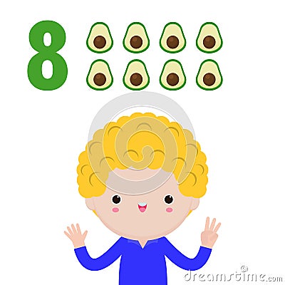 Happy children and hand showing the number eight, cute kids showing numbers 8 by finger little child study math number count fruit Vector Illustration