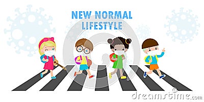 New normal lifestyle concept Back to school happy cute diverse Kids across the crosswalk and Students of Different nationalities Vector Illustration