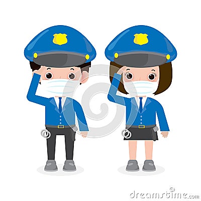 New normal lifestyle concept. police officers, Woman and man cops characters,security in uniform wearing face mask protect Vector Illustration