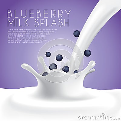 Fresh blueberry Milk Label Template with crown splash Vector Illustration