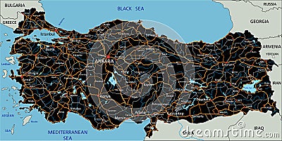 High detailed Turkey road map with labeling. Vector Illustration