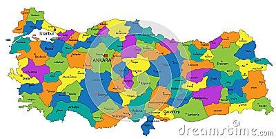 Colorful Turkey political map with clearly labeled, separated layers. Vector Illustration