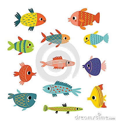 Cute fish. Different kinds of fish, vector Vector Illustration