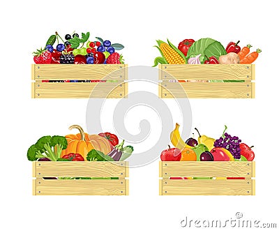 Set of Wooden boxes with different fresh vegetables, berries and fruits Isolated Vector Illustration