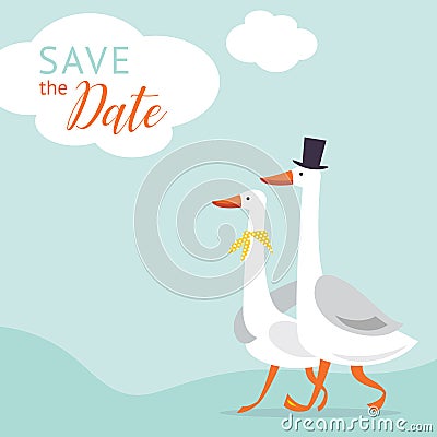 Save the date card design. Couple of cute white gooses. Vector Illustration