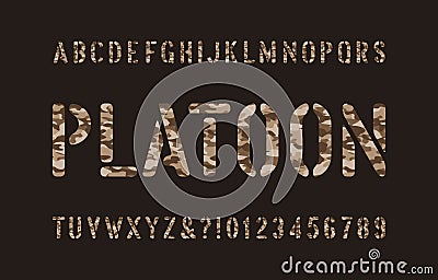 Platoon alphabet font. Stencil camouflage letters and numbers on a dark background. Vector Illustration