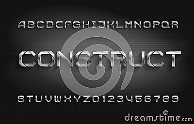 Construct alphabet font. Metal effect letters and numbers with shadow. Abstract background. Vector Illustration