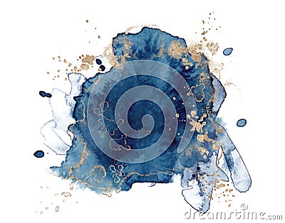 Abstract watercolor blue and gold shapes on white background. Color splashing hand drawn vector Vector Illustration