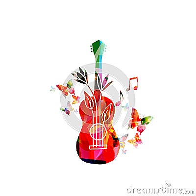 Colorful guitar with music notes isolated vector illustration design. Music background. Guitar poster with music notes, festival p Vector Illustration