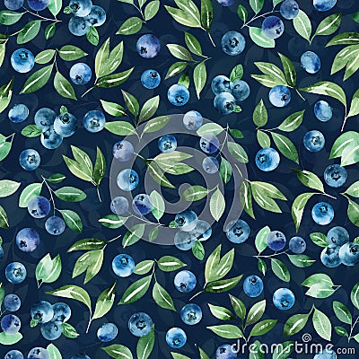 Watercolor blueberry seamless pattern, wild berries on dark blue background Stock Photo