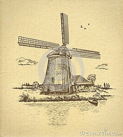 Hand drawn rural landscape. Old craft paper texture background. Vintage windmill, river, barn, sky with clouds, birds, boat. Cartoon Illustration