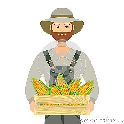 Farmer holds wooden box with ripe yellow corn. Eco farm. Concept of healthy organic food. Vector Illustration