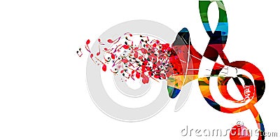Colorful G-clef with gramophone horn isolated vector illustration design. Music background. Retro phonograph horn with music not Vector Illustration