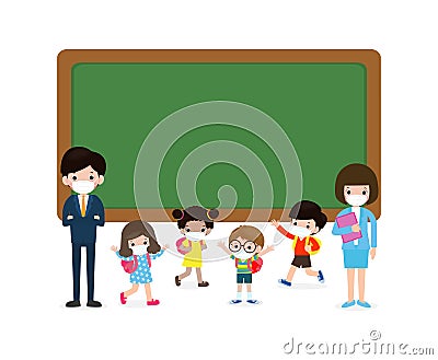 Back to school for new normal lifestyle concept, teacher and Multicultural pupils with medical masks face standing near blackboard Vector Illustration