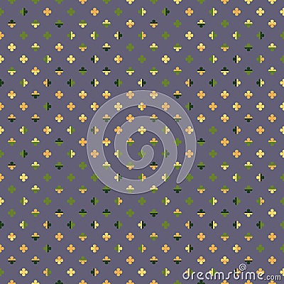 Little colourful four leaf water clovers on purple background. Playful happy pattern in yellow, orange and green. Vector Illustration
