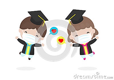 Back to school for new normal lifestyle concept, Graduation kids wearing face mask for prevent coronavirus 2019 nCoV or covid-19 Vector Illustration