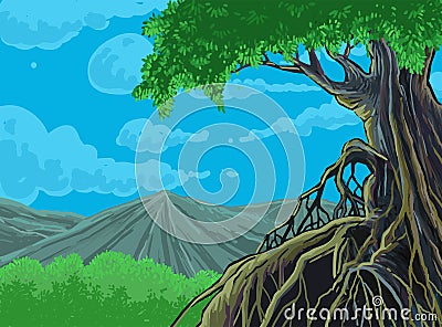 Scenery illustration, the big tree and the hills Vector Illustration