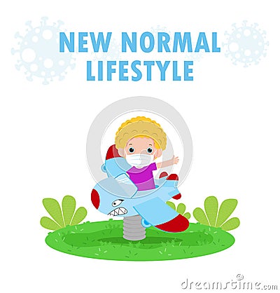 new normal lifestyle concept. happy kids wearing face mask having fun on toy airplane at playground protect coronavirus covid-19 Vector Illustration