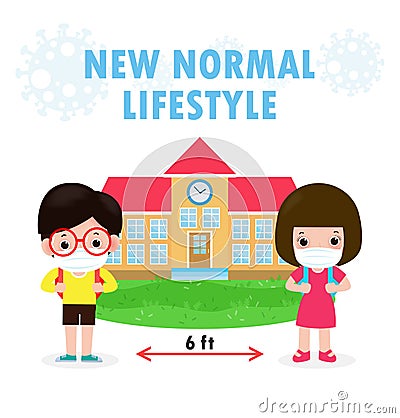 Back to school for new normal lifestyle concept, Social Distancing, asian children wearing a surgical protective Medical mask Vector Illustration