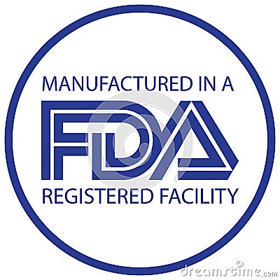 Manufactured in a FDA registered facility icon in round and blue white combination Vector Illustration