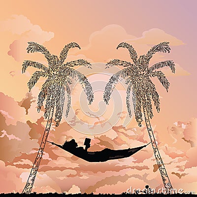 Silhouetted woman reading in a hammock Vector Illustration