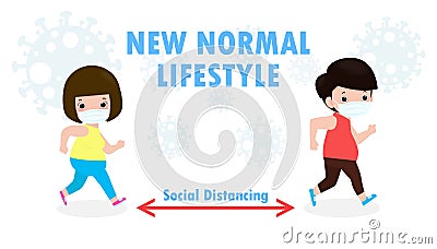 New normal and social distancing concept. man and Women running jogging ann wearing a surgical protective Medical face mask Vector Illustration