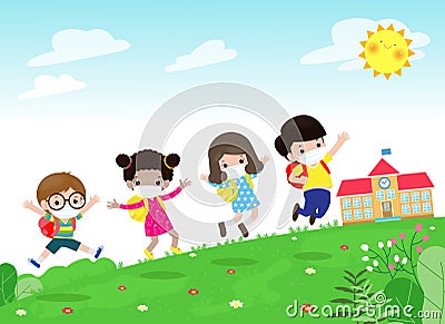 Back to school for new normal lifestyle concept. happy group kids wearing face mask and social distancing protect coronavirus Vector Illustration