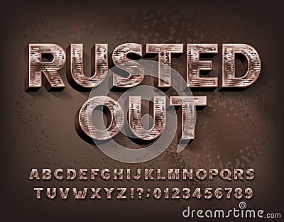 Rusted Out alphabet font. Scratched metal letters and numbers. Vector Illustration